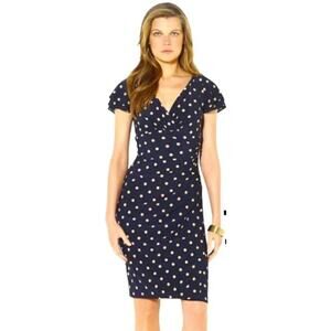 Lauren Ralph Lauren Polka Dot Ruched Dress Size 12 Navy Faux Wrap Sheath Preppy
